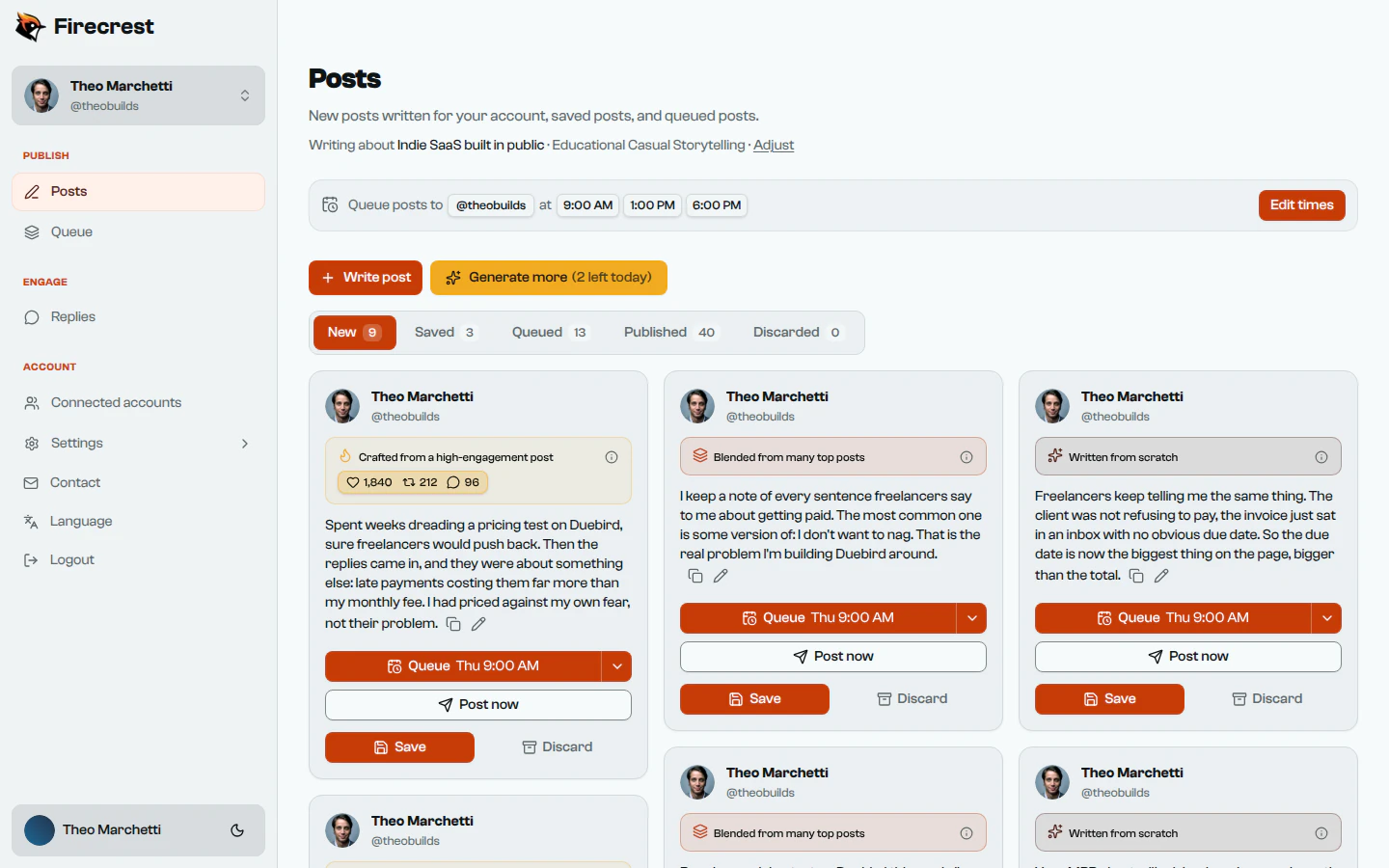 The Posts page with new posts for Theo Marchetti's account. The first was crafted from a high-engagement post and shows that post's engagement.
