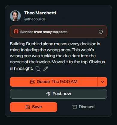 A post blended from many top posts, about moving the due date on Duebird's invoices from the corner to the top.