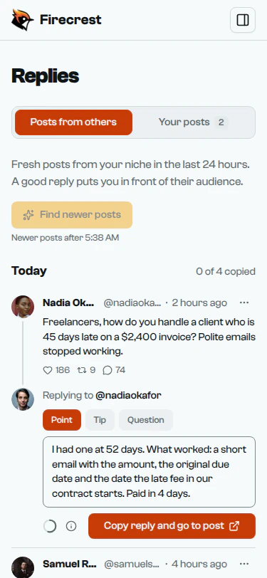 A post from @nadiaokafor about a client 45 days late on a $2,400 invoice, with a reply written underneath and ready to copy.